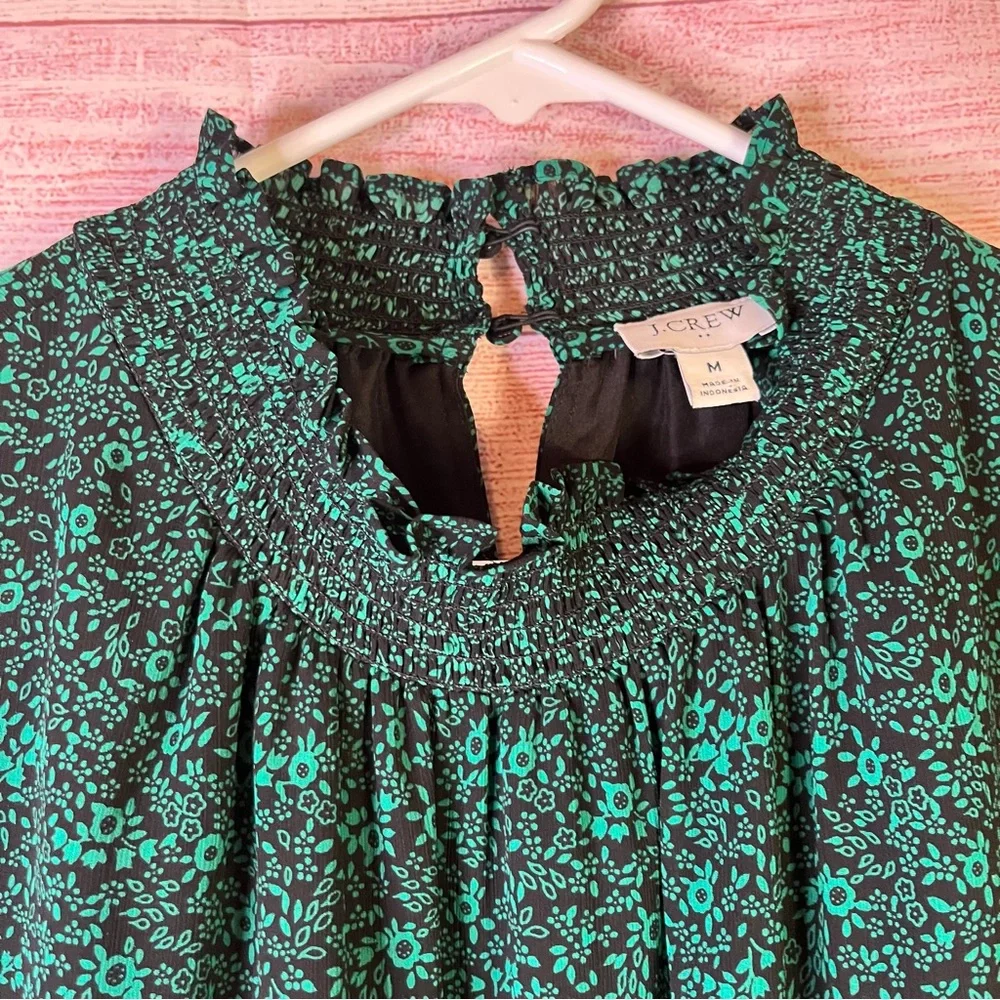 J. Crew Green Black Floral‎ Tiered Smocked Dress Size Small